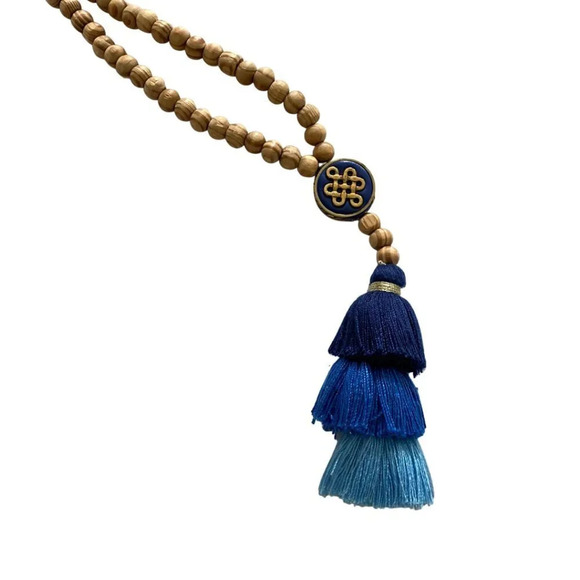 Long Wood Bead Necklace with Blue Tassel Adornment - Picture 5 of 5